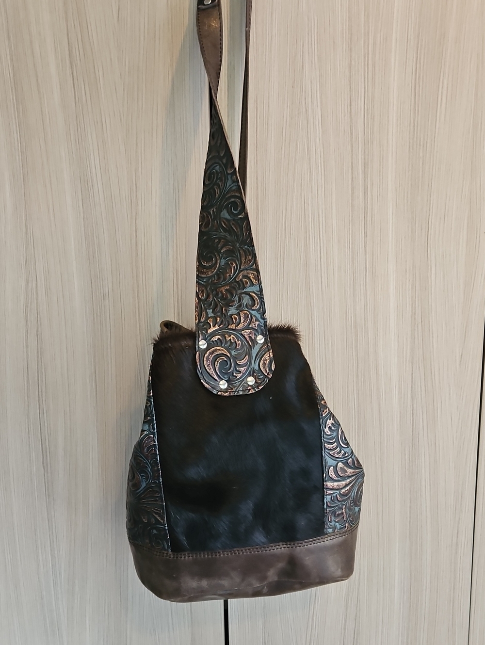 Handcrafted Black and Brown Leather Bucket/Sling Bag